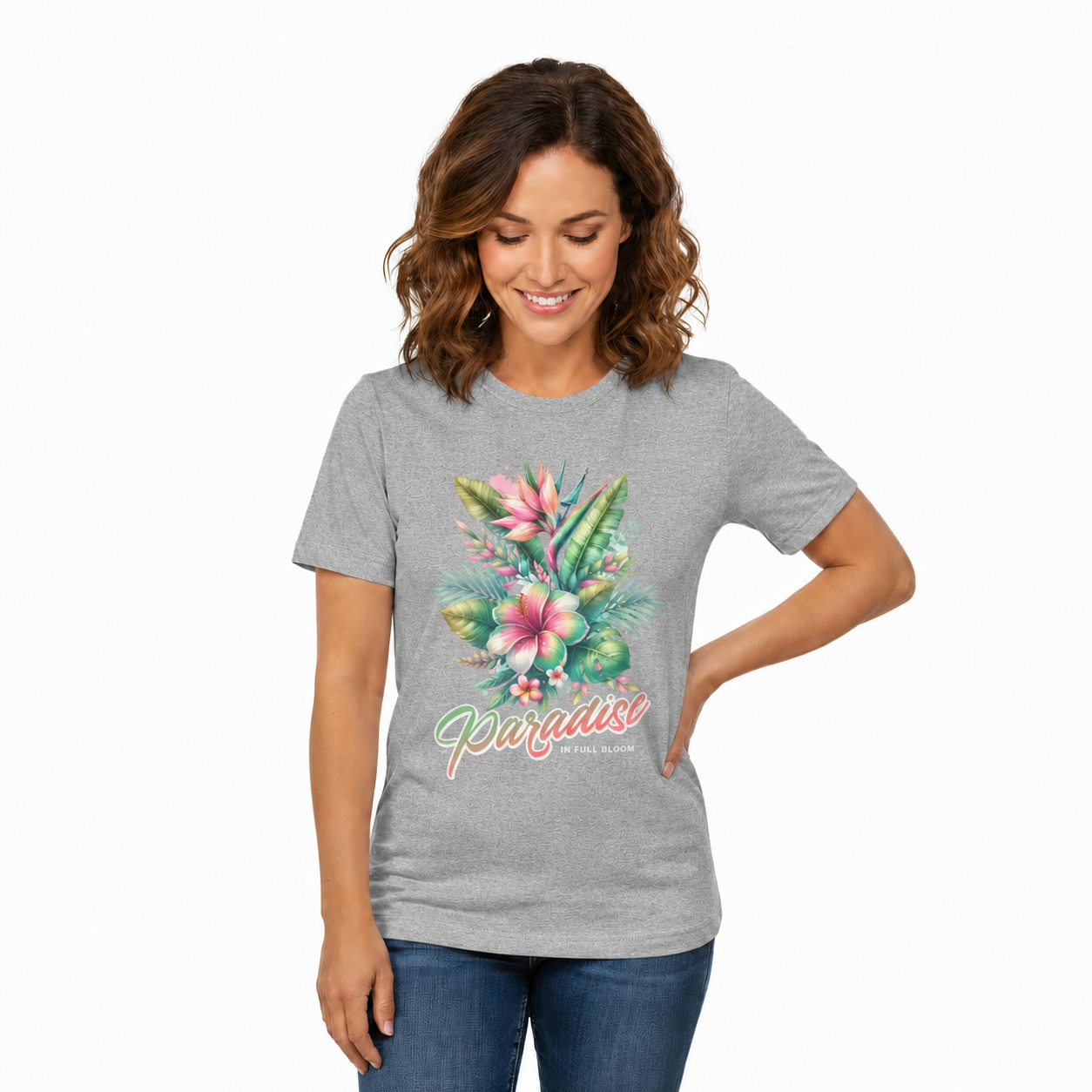 Tropical summer graphic shirt in heather gray lifestyle with beach design