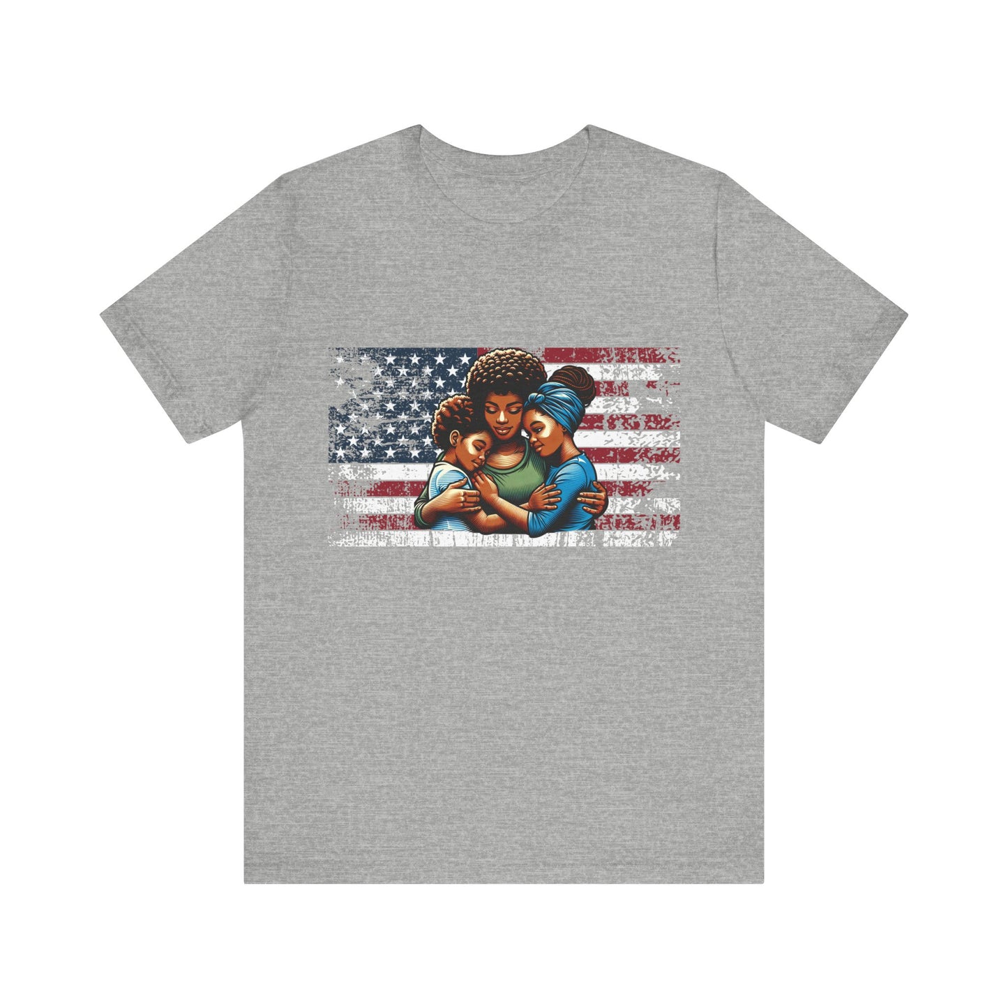 Heather gray t-shirt with a graphic of a family and an American flag on a white background