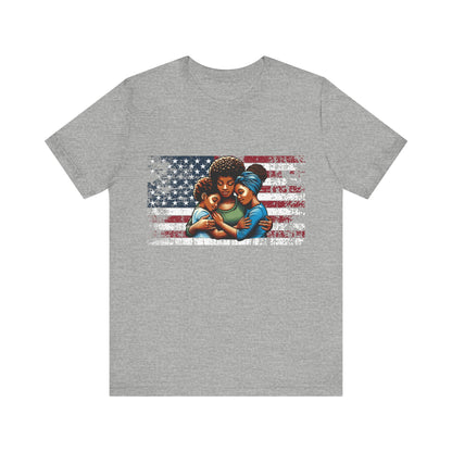 Heather gray t-shirt with a graphic of a family and an American flag on a white background