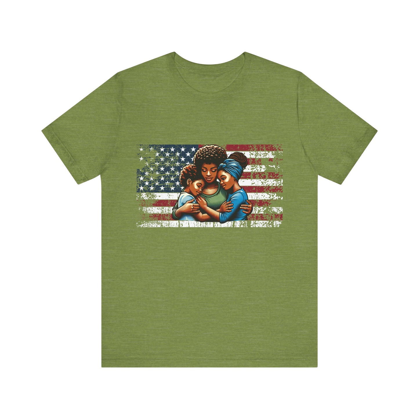 Heather green t-shirt with an American flag design featuring a family on a white background
