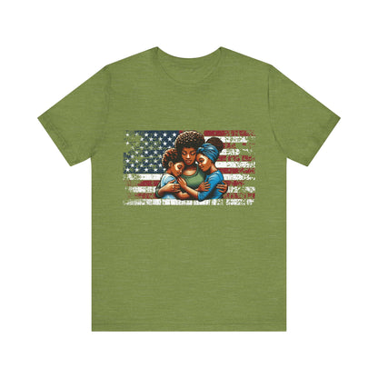 Heather green t-shirt with an American flag design featuring a family on a white background